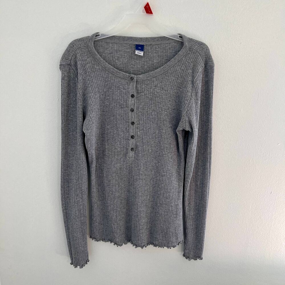 Old Navy Ribbed Knit Shirt Womens Size Extra Small Gray Y2K Long Sleeves